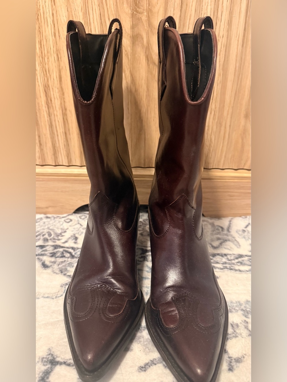 Zara Women's Dark Burgundy Leather Ankle Boots